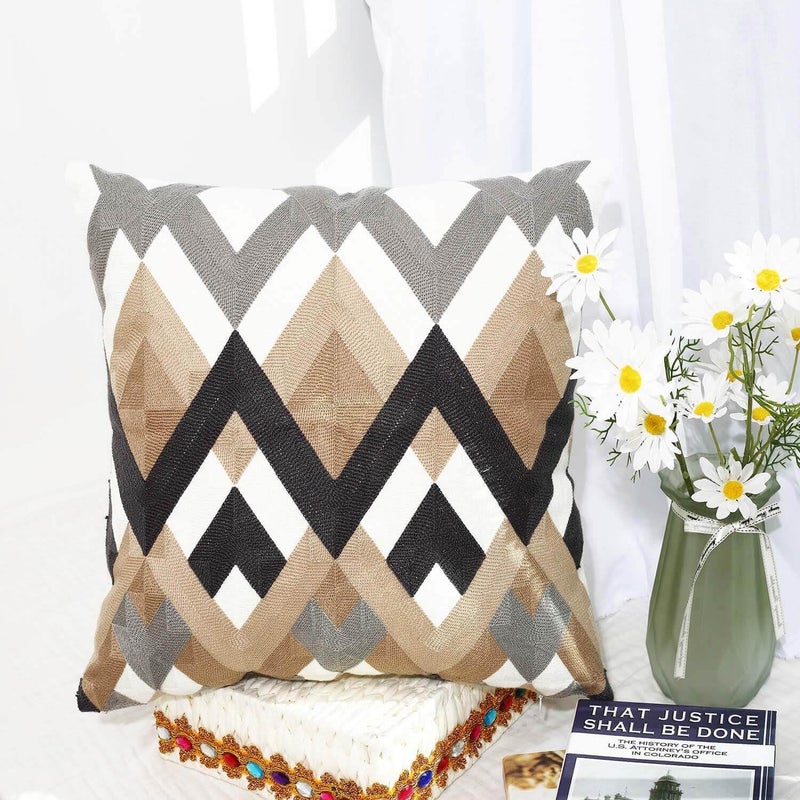 Oneslong Throw Pillow Covers for Couch Living Room 18x18 inches Set of 2 Full Embroidery Geometric Strip Pattern on Face Decorative Throw Couch Pillows for Bed - Image 3